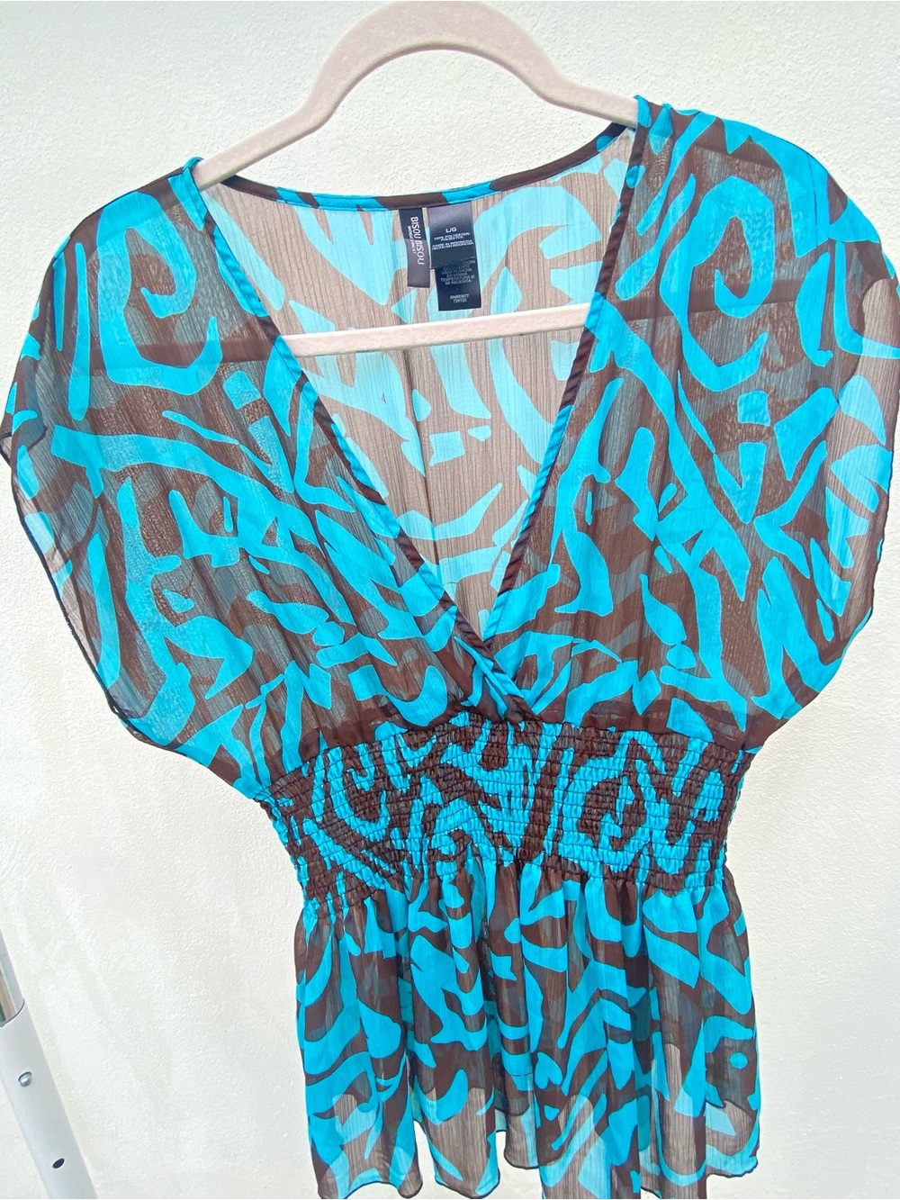 Y2K Boho Blue & Brown Sheer Floral Smocked V-neck Blouse Size Large